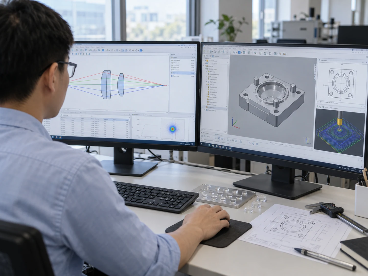 An engineer reviews optical ray paths and mechanical component models on two monitors at a design workstation.