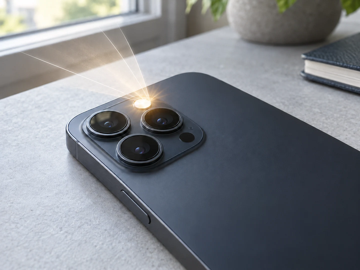A smartphone rests on a desk with its small flash illuminated; an illustrative light fan shows the flash's outward spread.