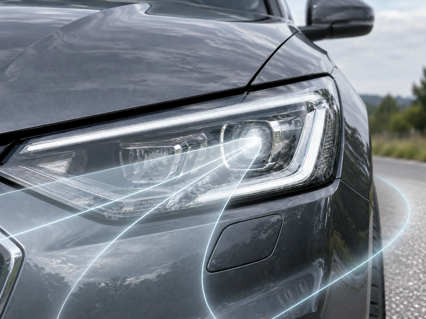 A close view of a car headlamp includes an illustrative overlay of curved light paths extending from its optical elements.