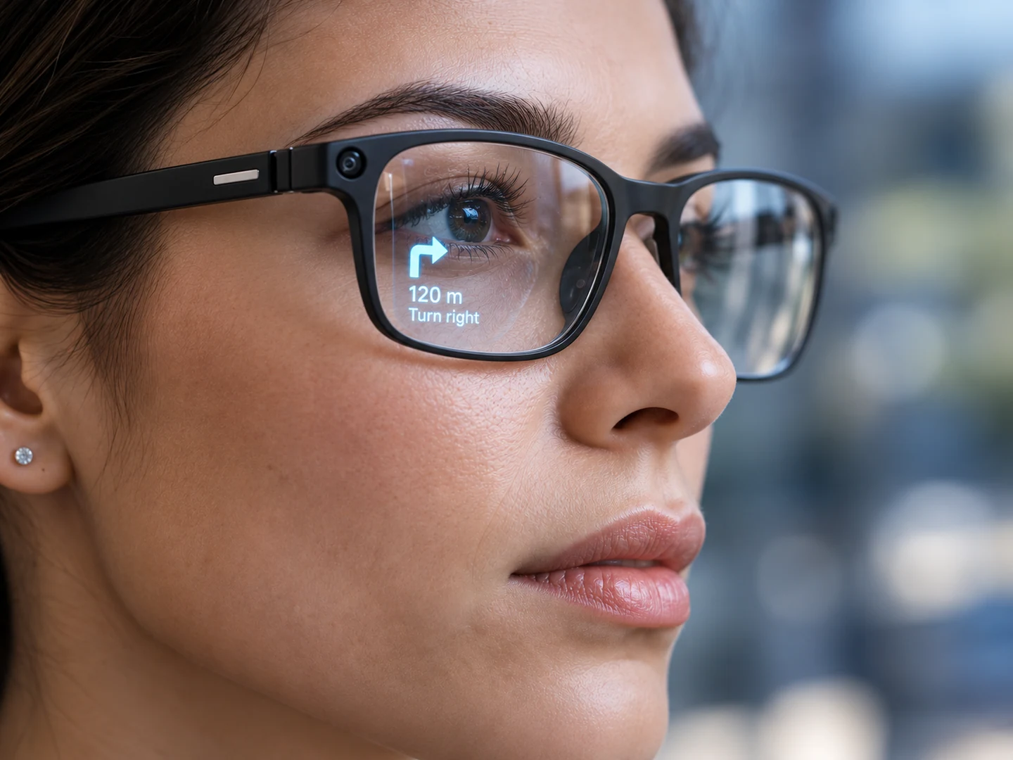 A woman wears smart glasses with a conceptual lens display showing a right-turn arrow, “120 m” and “Turn right”.