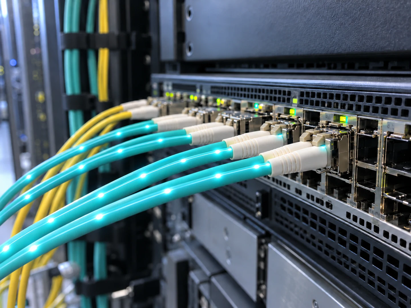 Turquoise optical fibers connect to rack-mounted transceivers, with illustrative light pulses tracing the fiber paths.