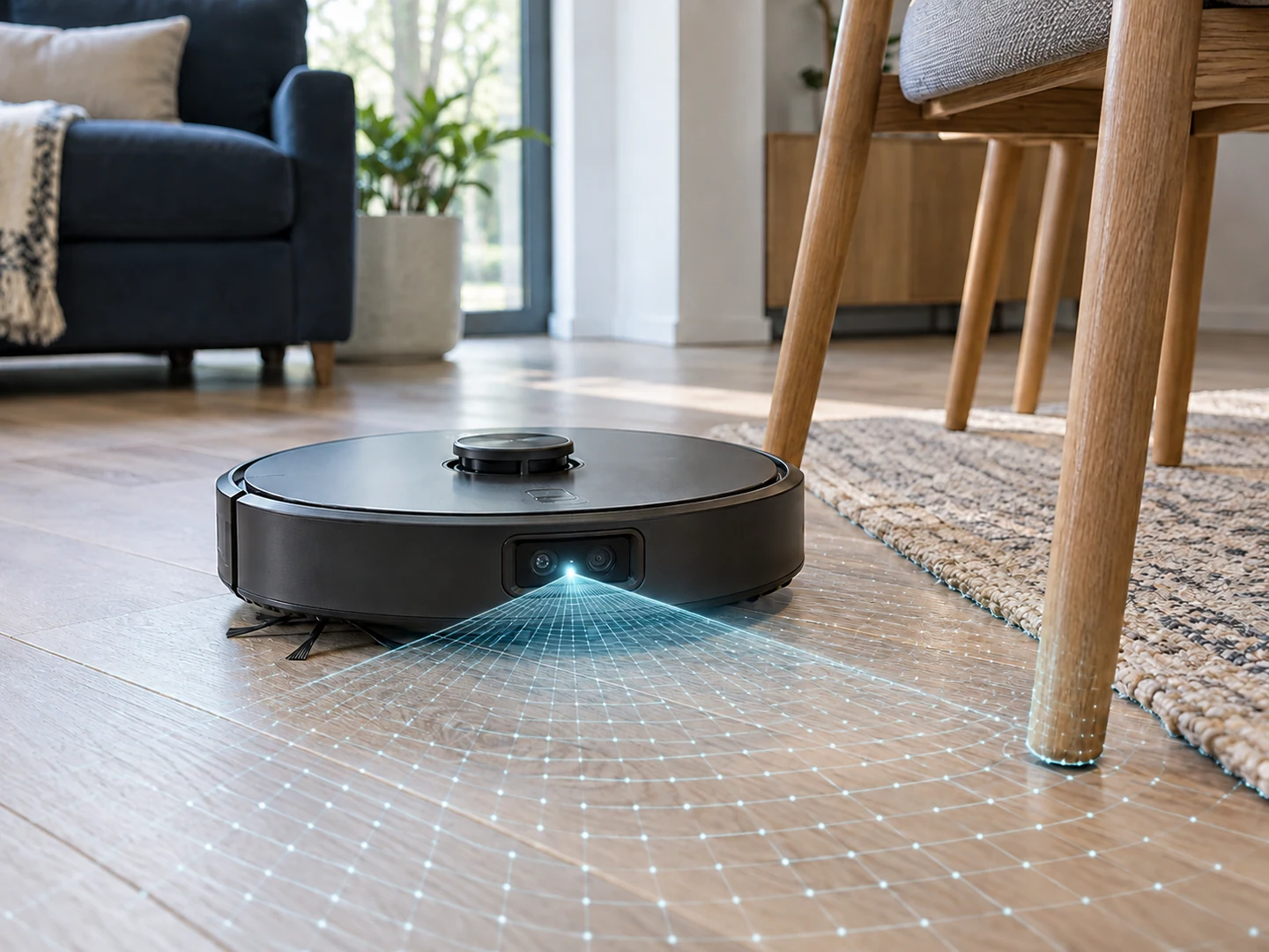 A robotic vacuum moves across a home floor with an illustrative scanning fan and dotted depth grid in front of it.