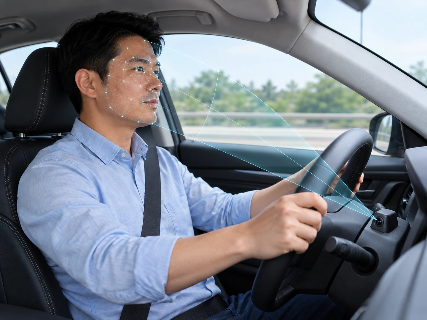 A driver holds the steering wheel while an illustrative overlay links an in-cabin camera to facial tracking points.