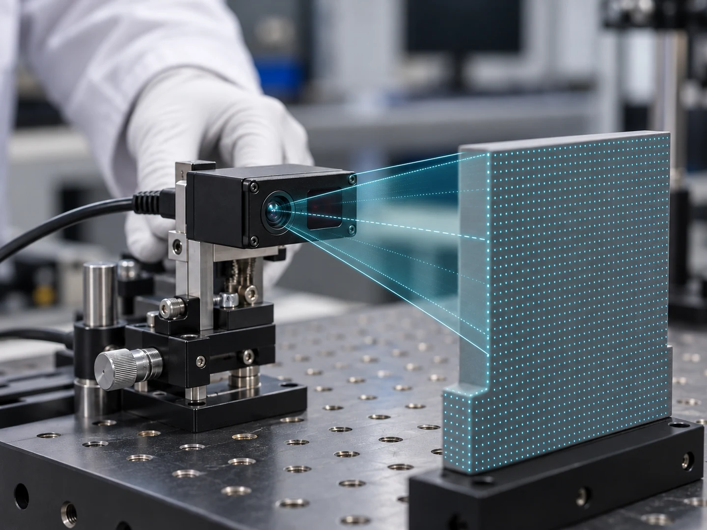 A depth-sensing module faces a stepped target on a lab bench, with an illustrative sensing field and dotted target pattern.