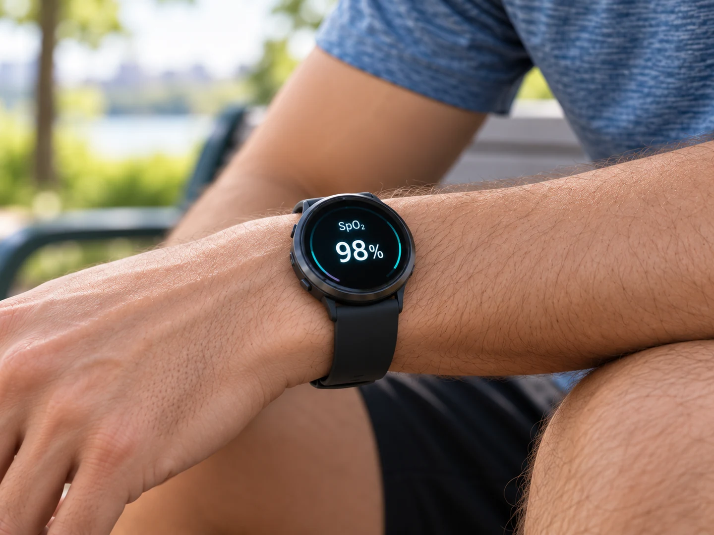 A round smartwatch on a resting wrist displays “SpO₂” and an illustrative blood-oxygen reading of “98%”.