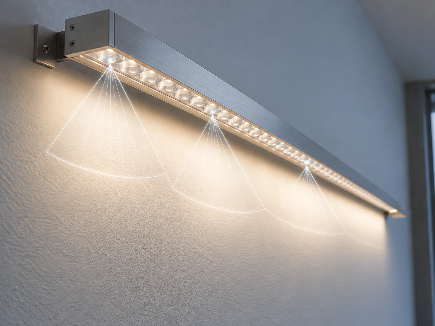 A linear LED light illuminates a wall through clear lens elements, with illustrative outlines showing overlapping light fans.