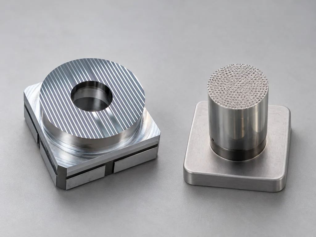 Two metal masters stand on square bases: an annular tool with parallel ridges and a cylindrical insert with a textured top.