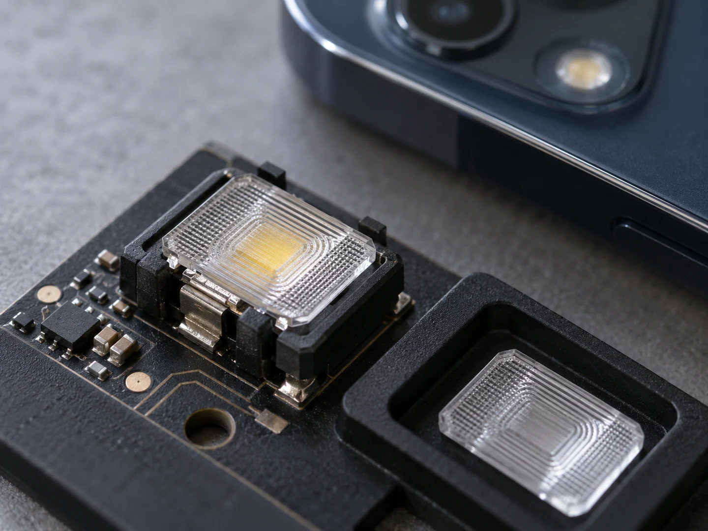 A patterned transparent flash optic sits above an LED on a small board, beside a second optic and a smartphone.
