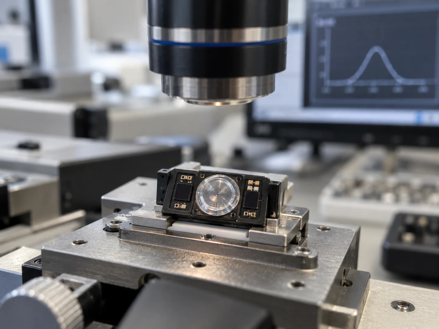 A small optical sensor package with a central Fresnel lens sits in a fixture beneath a microscope-style measurement head.