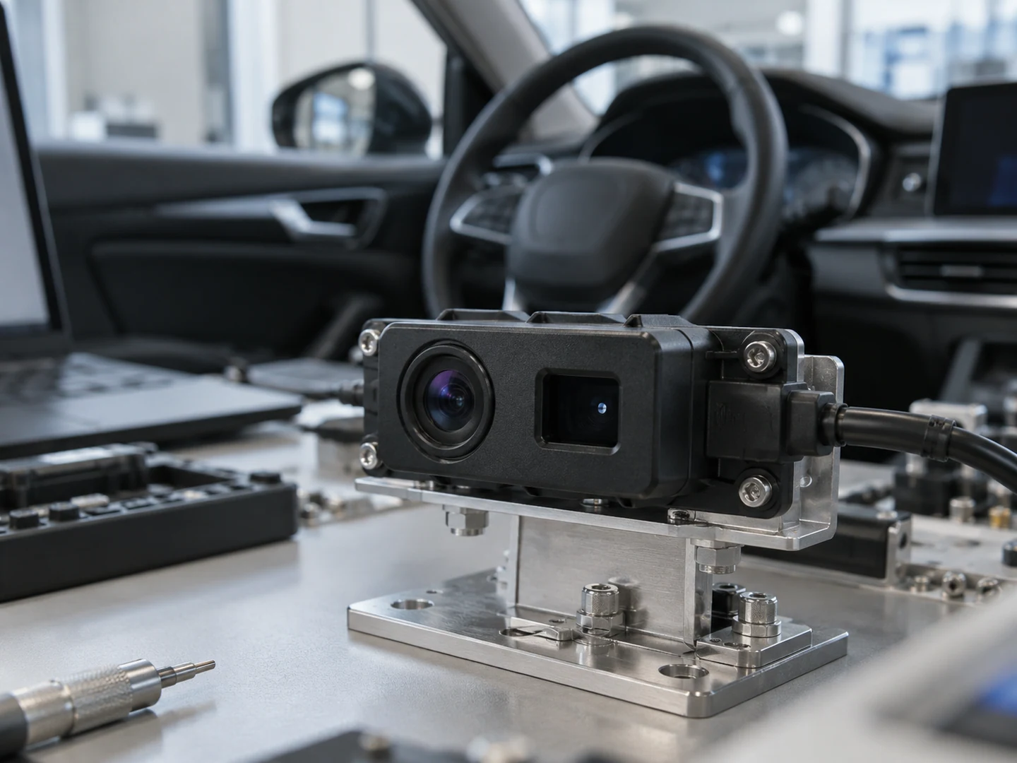 An in-cabin sensing module with two optical windows is held in a metal development fixture beside a car's steering wheel.