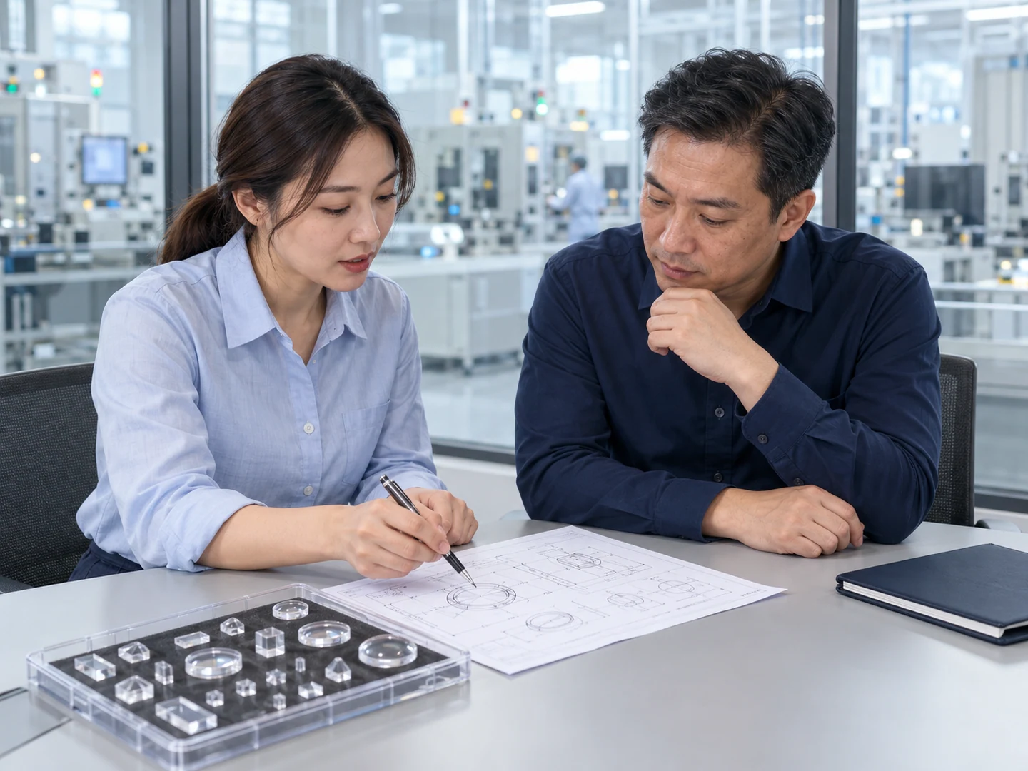 Two colleagues review technical drawings and a tray of optical samples at a table beside a cleanroom viewing window.