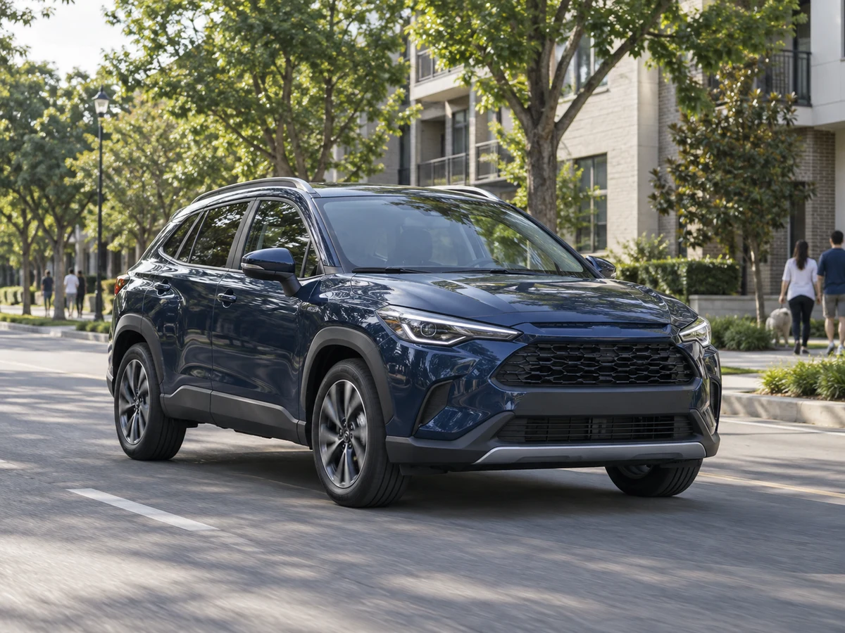 Modern unbranded crossover on a quiet city neighbourhood street.