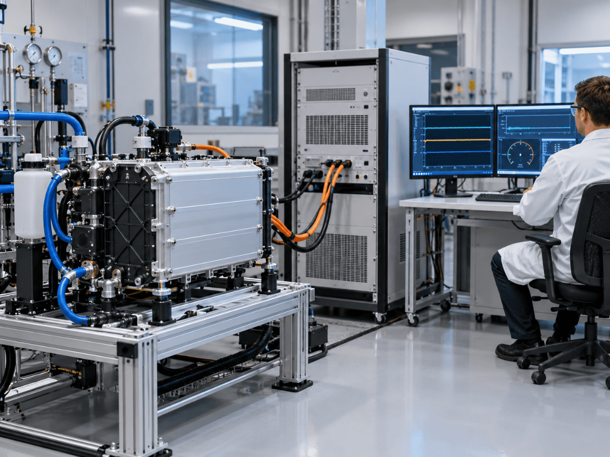 Representative fuel-cell stack test bench with a load unit and an engineer monitoring steady operating traces.