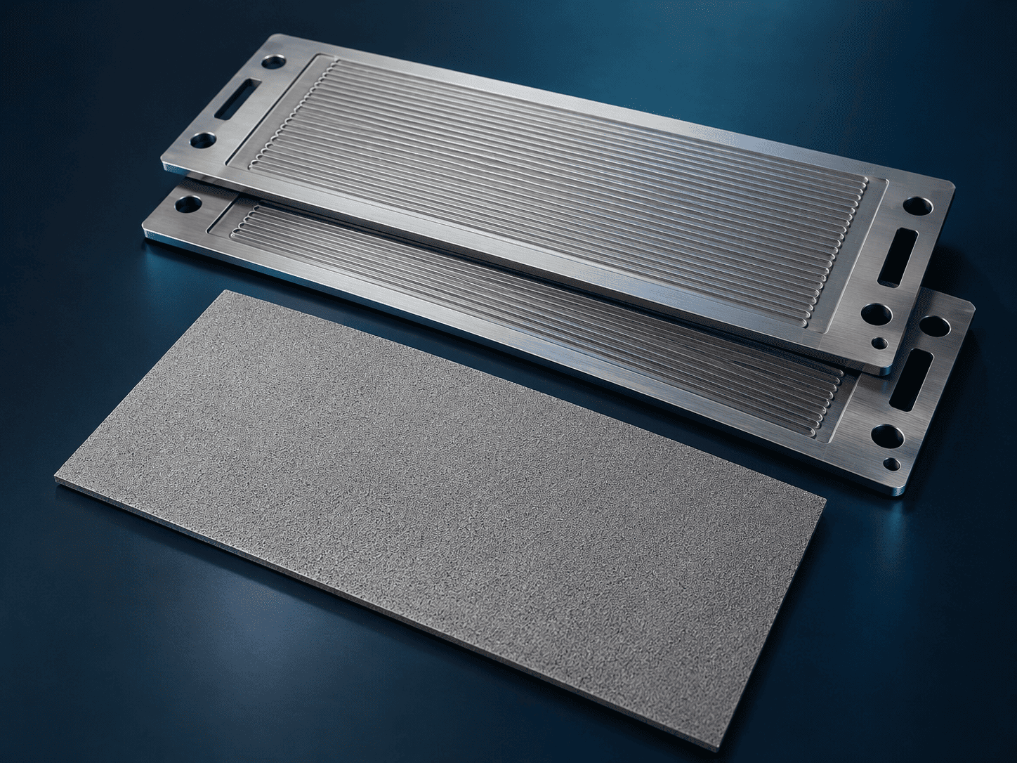 Representative bipolar plates alongside a fine porous titanium transport sheet