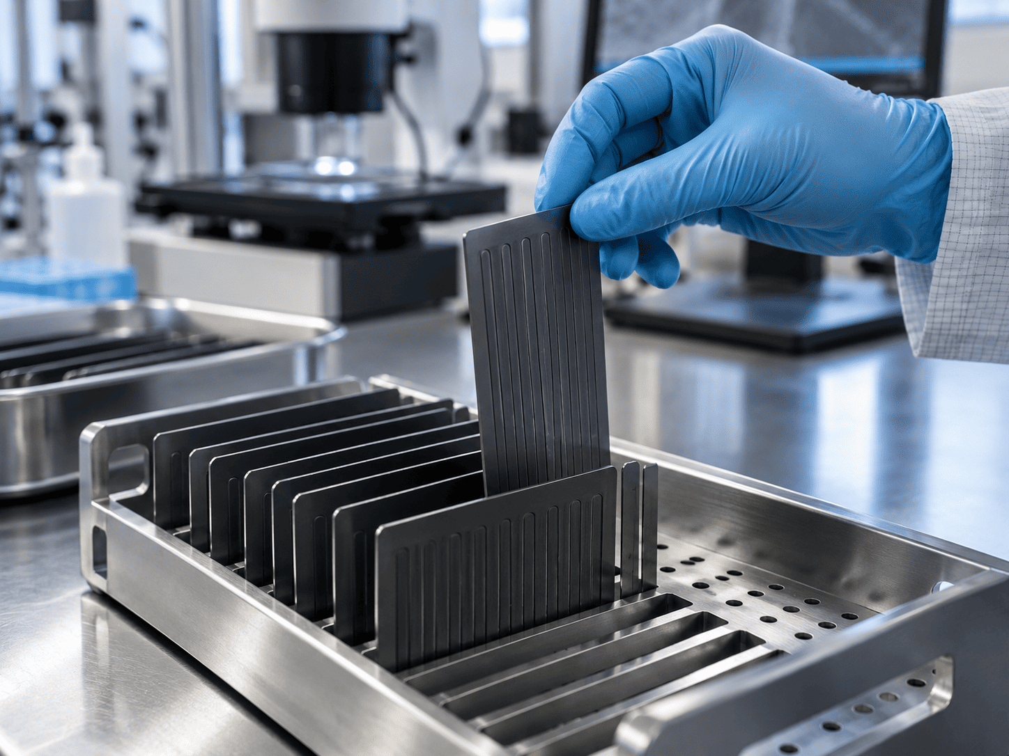 Inspection of a coated metal plate in a precision component tray