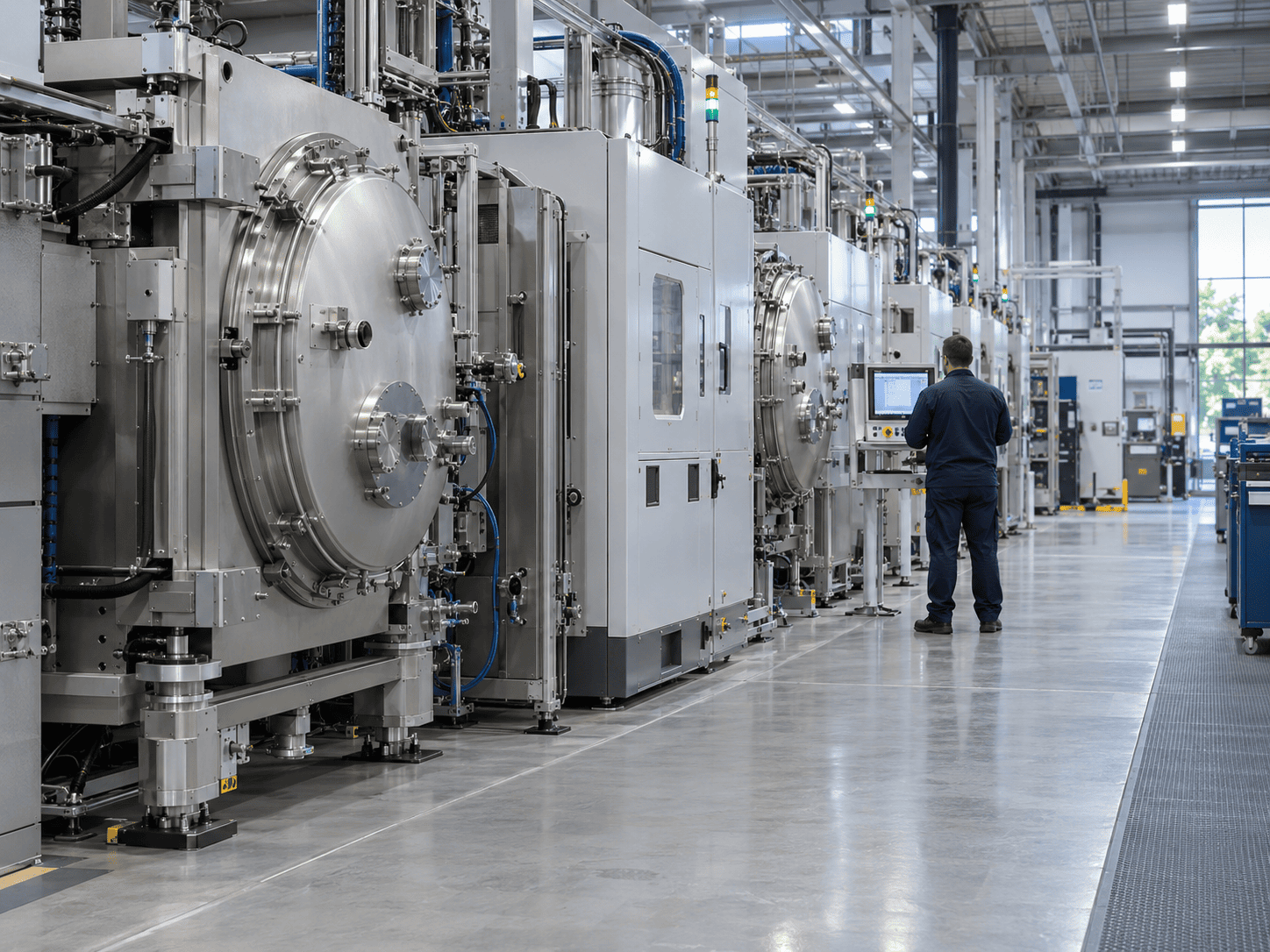 Operator monitoring an enclosed vacuum-coating production line