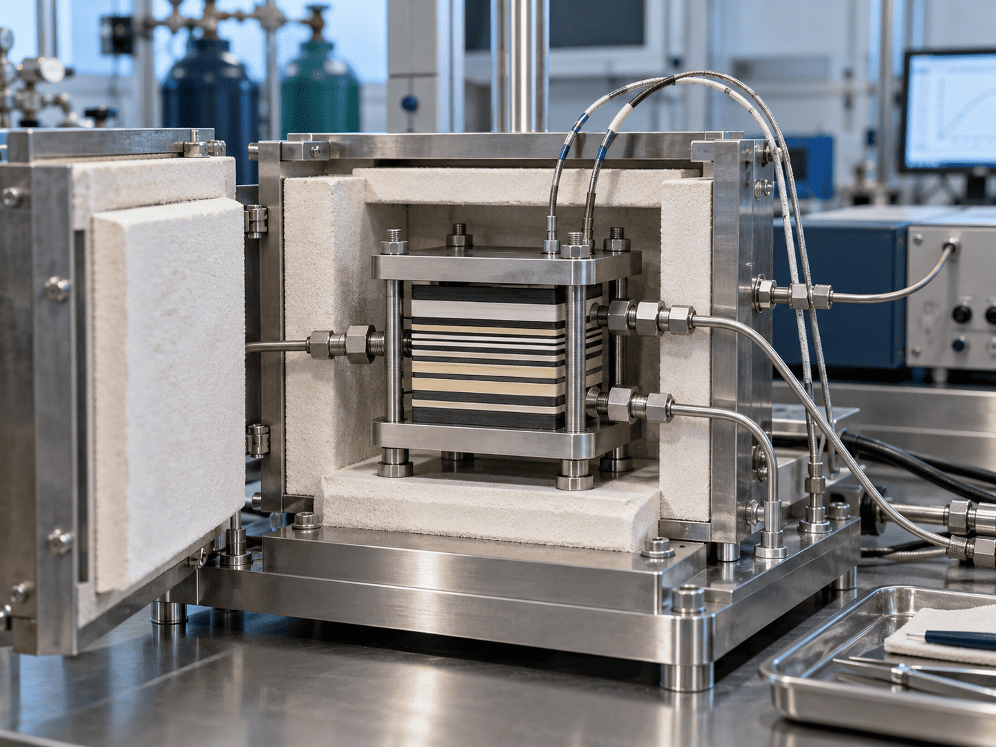 Solid oxide cell stack and instrumented laboratory test fixture