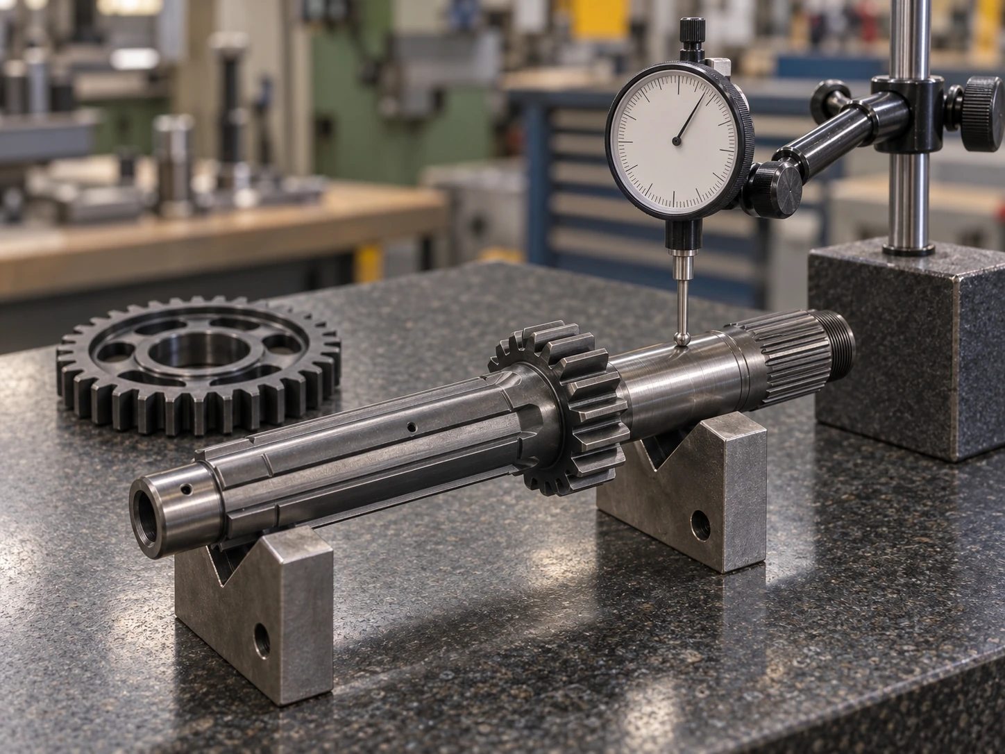 Dial indicator inspecting a steel transmission shaft supported on V-blocks, with a separate gear alongside.