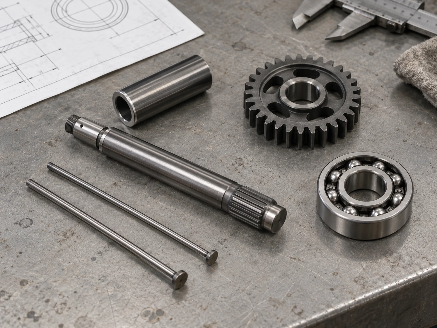 Ejector pins, shafts, a hollow piston pin, complete gear and bearing arranged beside a component drawing.