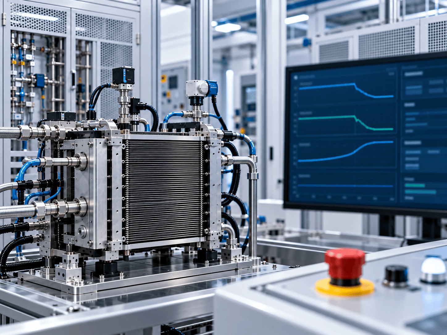 Representative protection-function test bench with an emergency-stop control and monitored fuel-cell assembly.