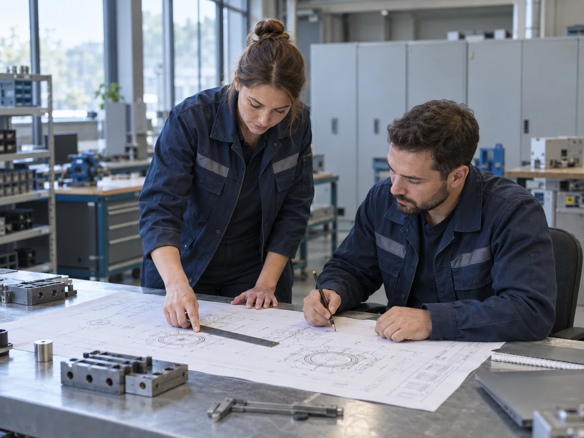 Engineers reviewing a mechanical layout at an integration workshop workbench.