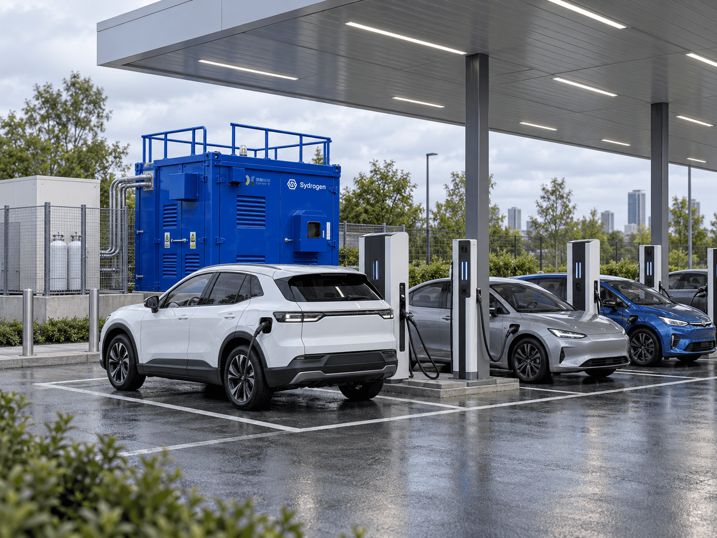 Illustrative EV charging station with several connected vehicles and a SydroPOWER Grid unit