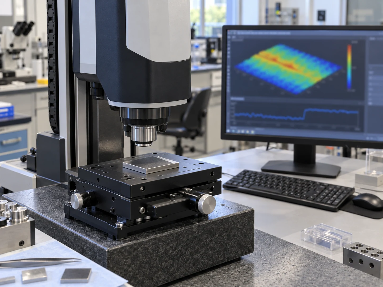 Non-contact optical profilometer above a coated coupon on an XY stage, beside a surface-height display.