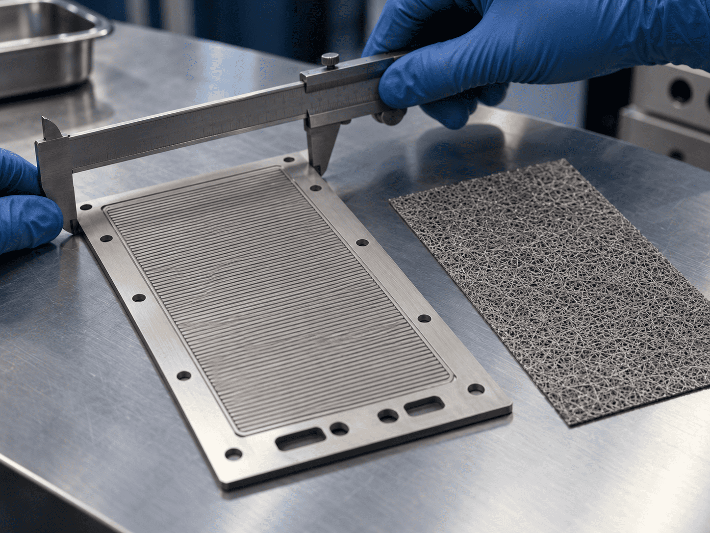 Dimensional inspection of a flow-field plate and titanium porous transport sheet
