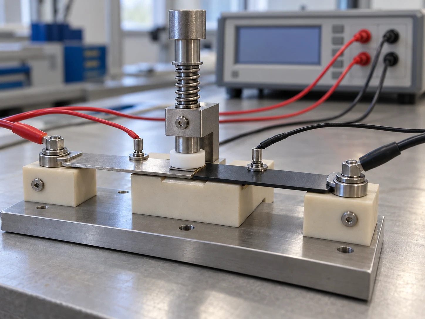 Four-wire contact resistance fixture with overlapping metal strips and an insulated loading plunger.