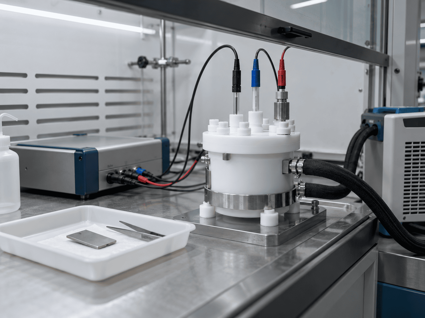 Contained electrochemical test cell and controlled laboratory instrumentation