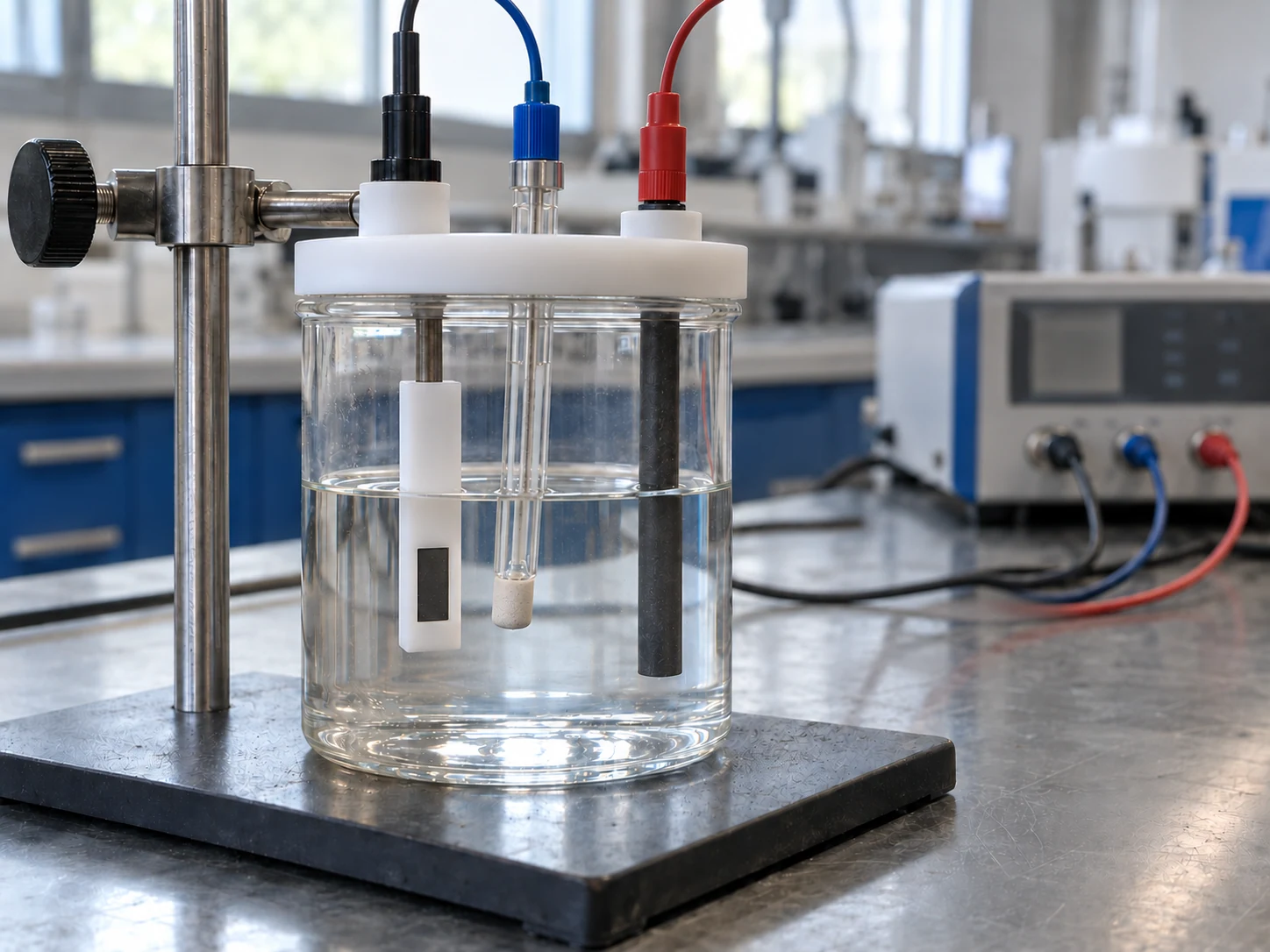 Three-electrode corrosion cell with a masked working coupon, glass reference electrode and graphite counter electrode immersed in liquid.