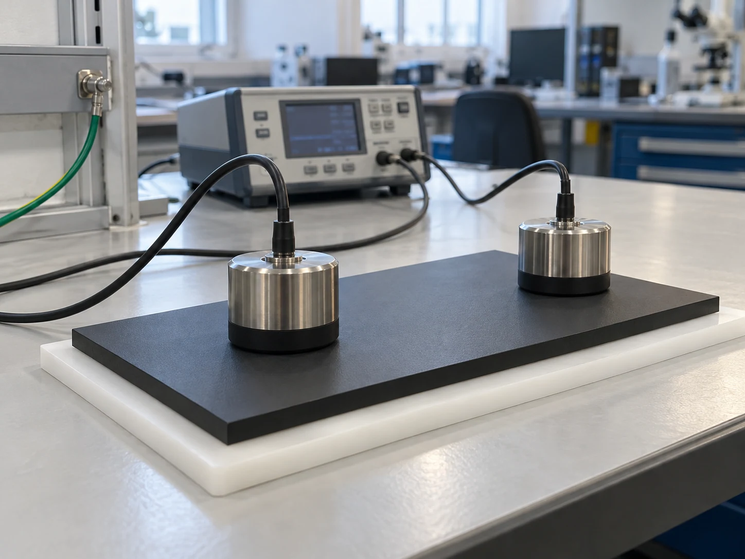 Two weighted electrodes on a coated panel with an insulating support for point-to-point surface resistance measurement.