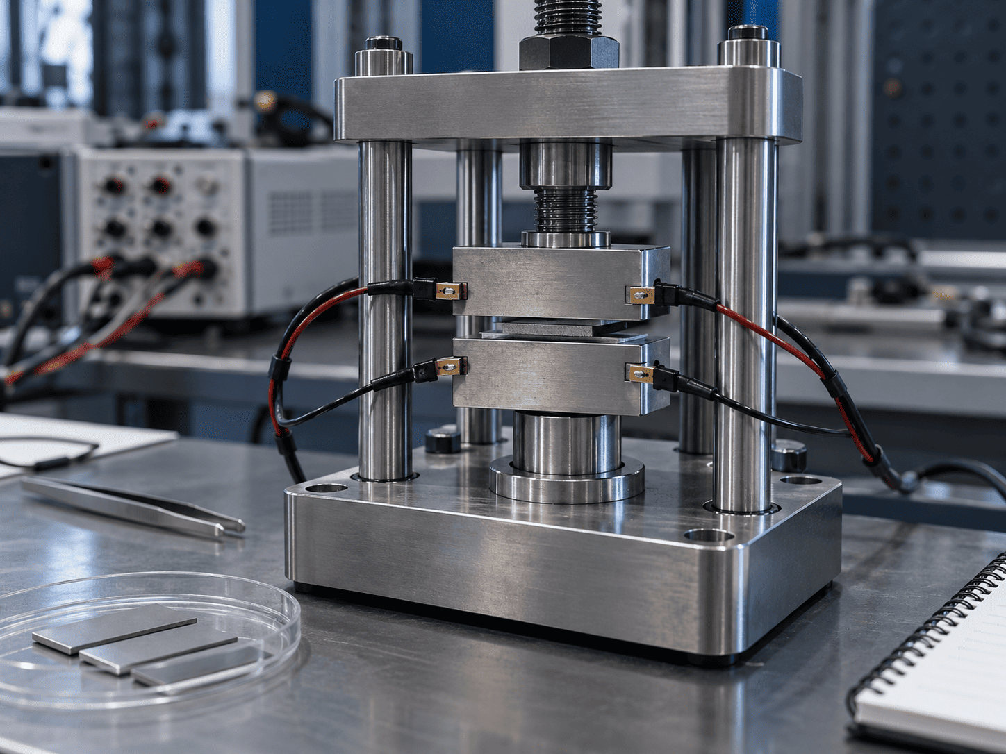 Compression fixture with electrical contact platens and measurement leads