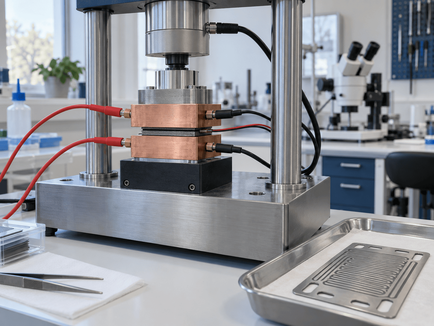 Controlled-compression fixture for measuring contact resistance at the coated plate interface