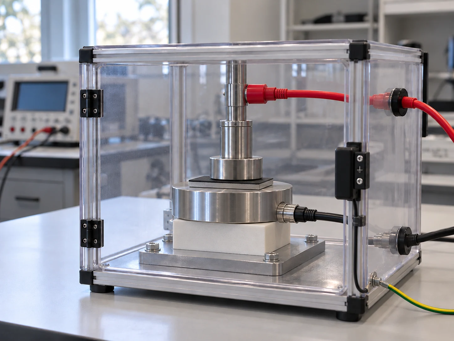 Coated coupon between two electrodes inside a transparent enclosure for dielectric testing.