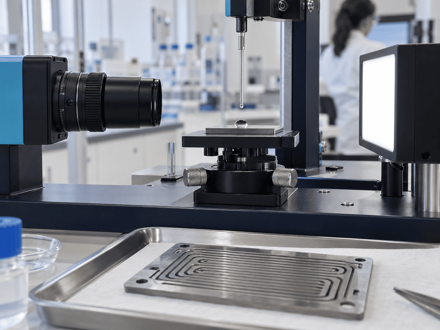 Water droplet and contact-angle measurement on a coated metallic sample