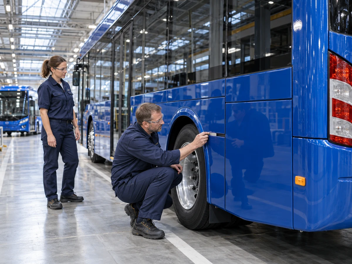 OEM engineers inspecting the exterior alignment of a completed bus on a production line.
