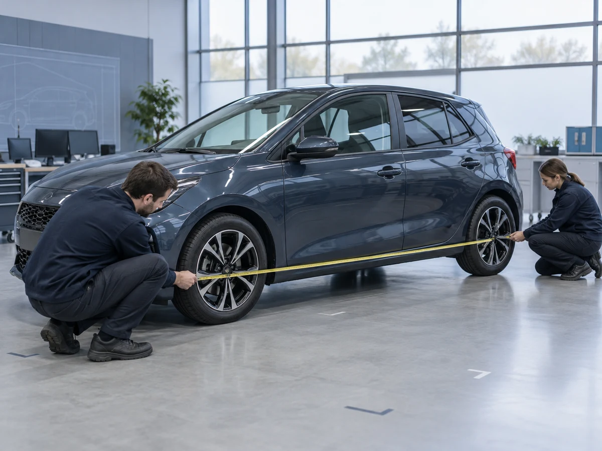 Automotive engineers measuring a closed compact passenger-car prototype in a development studio.